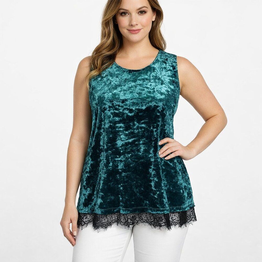 Logo Crushed Velvet Lace-Trim Sleeveless Teal  Tank Top - Pockets